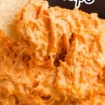 Vertical collage image of finished buffalo dip in a bowl and slow cooker filled with ingredients, labeled for Pinterest.