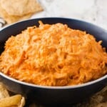 A visual recipe card featuring crockpot buffalo chicken dip with labeled ingredients, step-by-step instructions, and a photo of the finished dip.