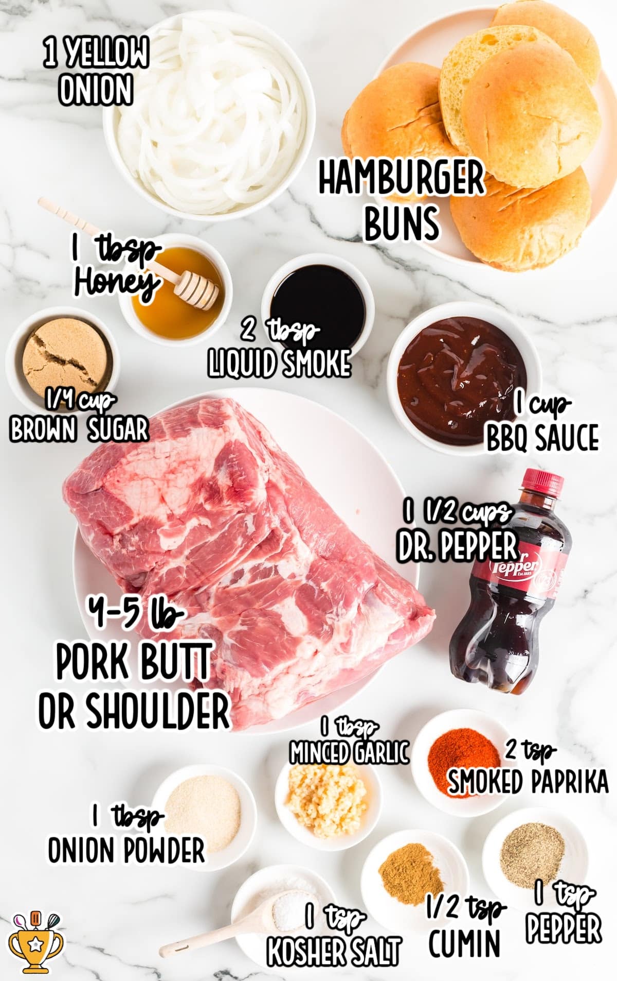 Overhead image showing labeled ingredients for Dr. Pepper Pulled Pork, including pork butt, brown sugar, onion, Dr. Pepper, BBQ sauce, spices, and hamburger buns.