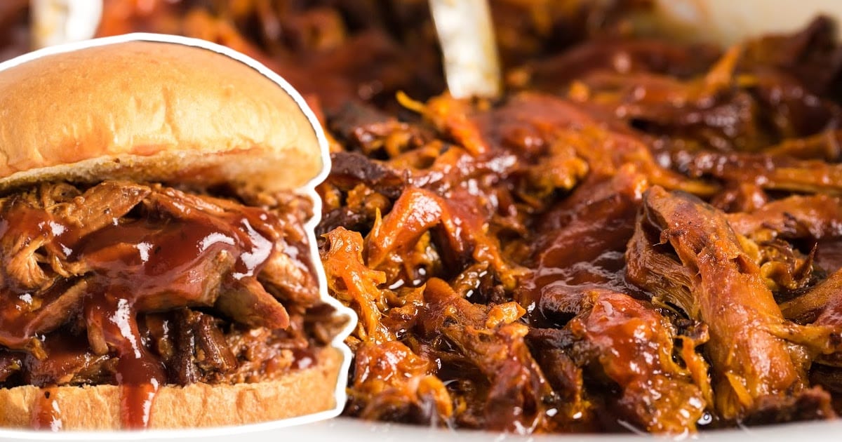Side-by-side collage of a BBQ pulled pork sandwich and a white bowl filled with shredded pork.