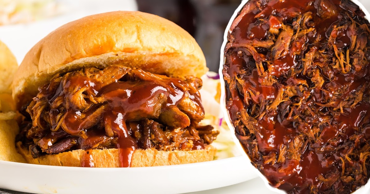 Top-down shot of shredded pulled pork in a white crockpot with metal tongs, and an overlay bowl of pulled pork in the corner.