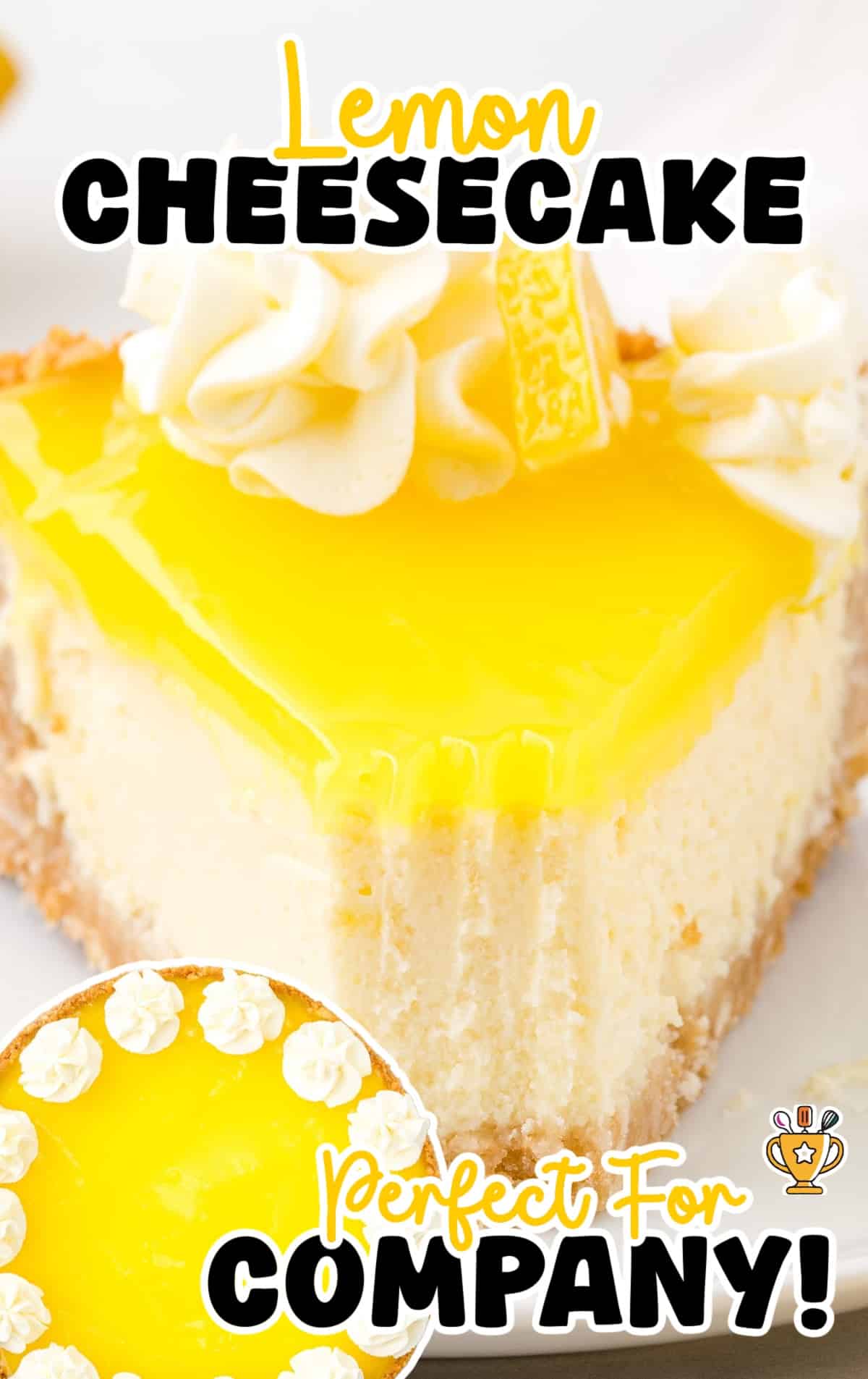 A full lemon cheesecake with a thick graham cracker crust, topped with glossy lemon curd and piped whipped cream, with one slice missing.