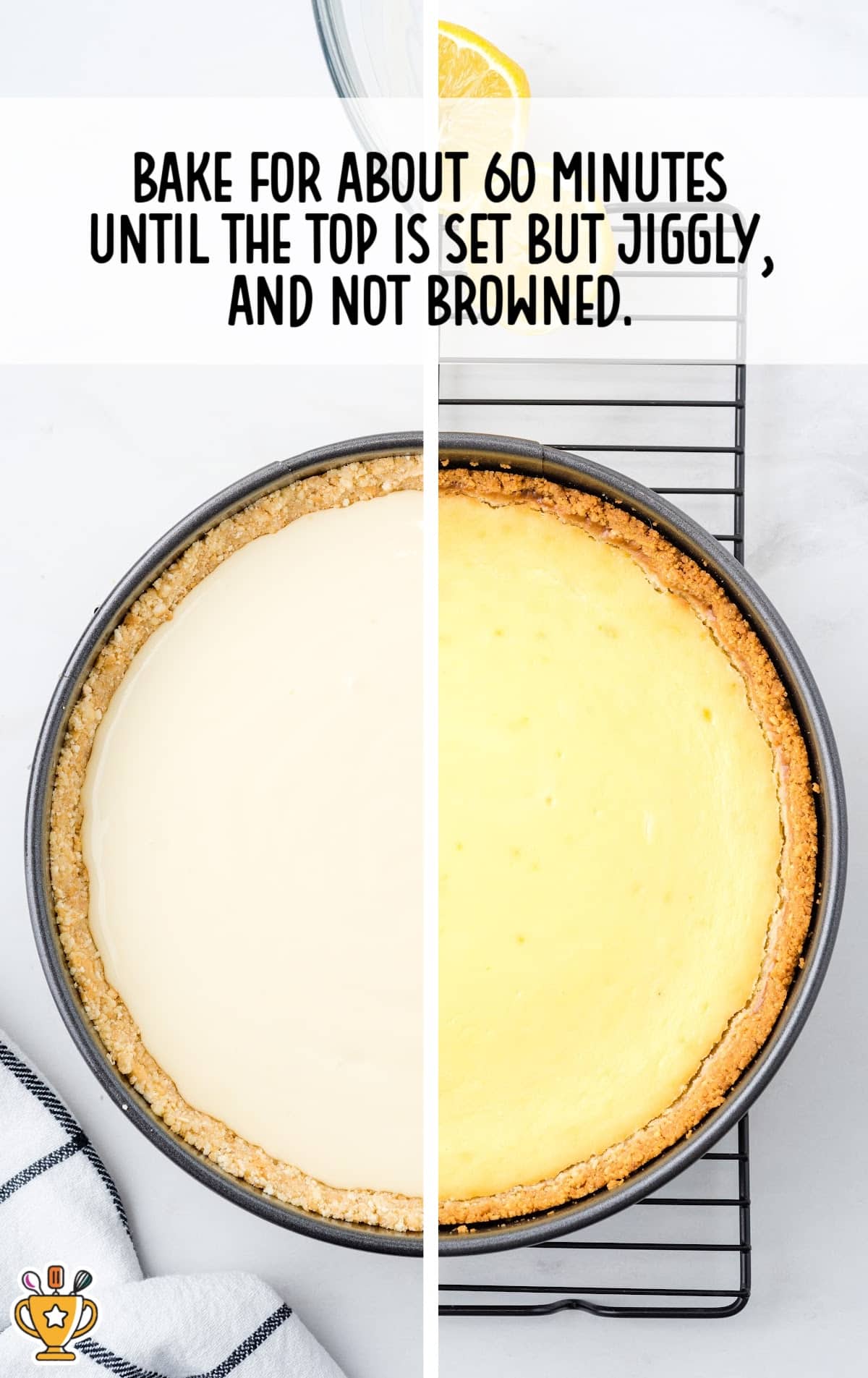 Before and after baking the cheesecake — creamy filling set and slightly jiggly, shown in a springform pan on a cooling rack.