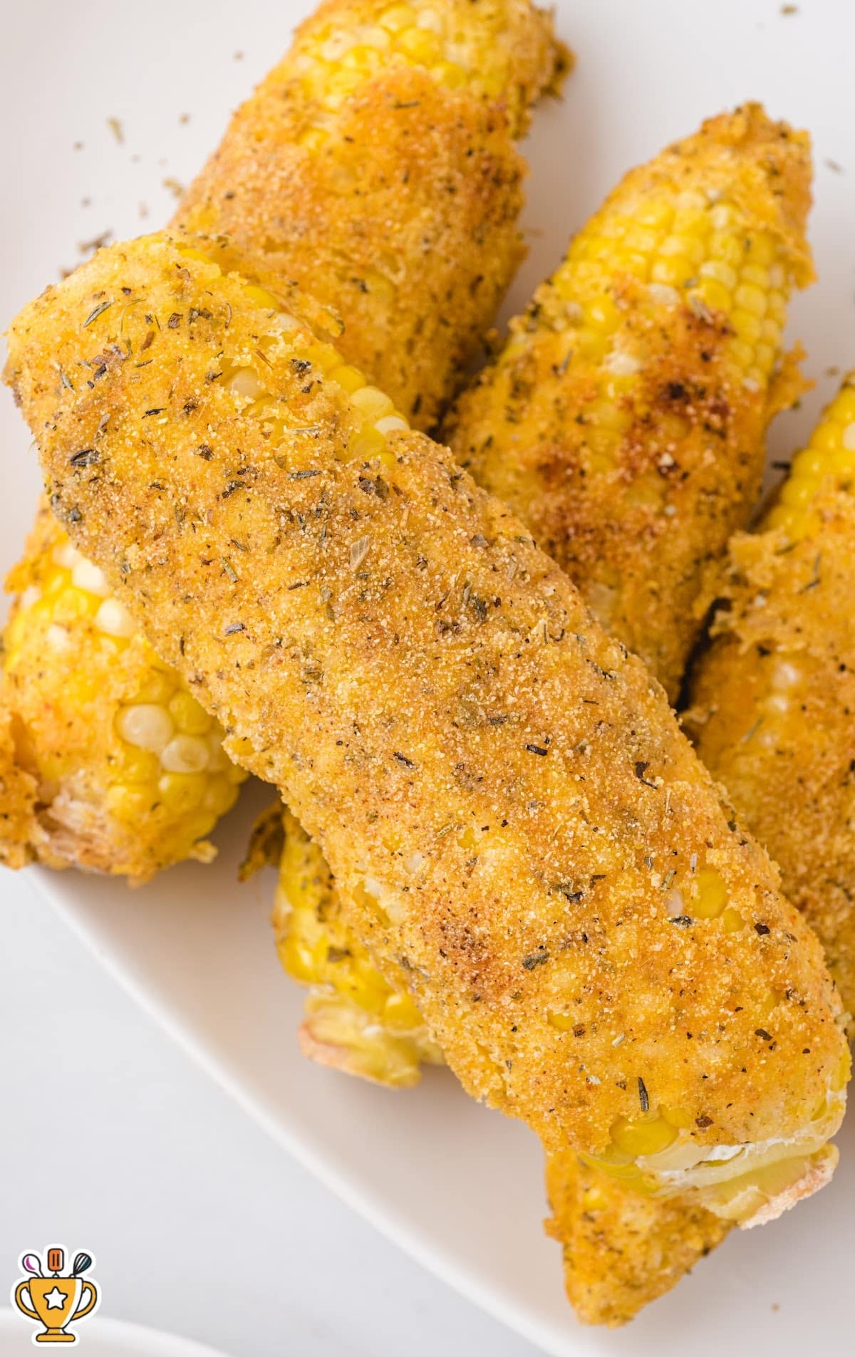 Close-up shot of crispy seasoned fried corn on the cob placed on a white plate.