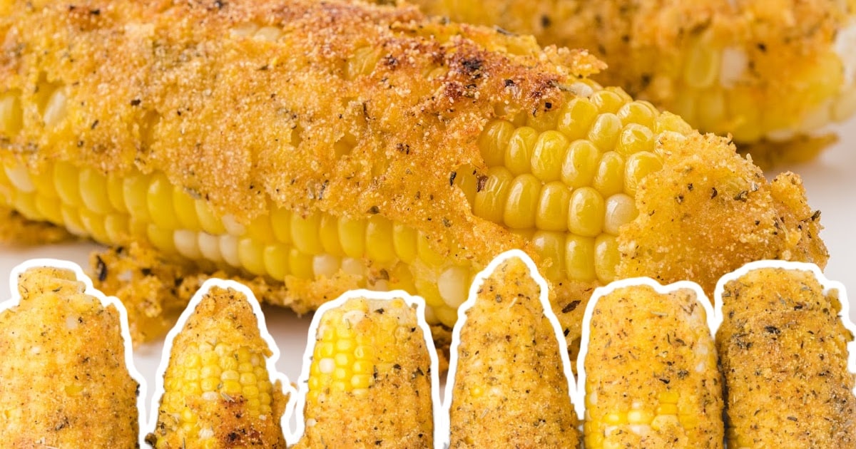 Large view of stacked fried corn on the cob with a close-up of the crunchy coating and seasoning.
