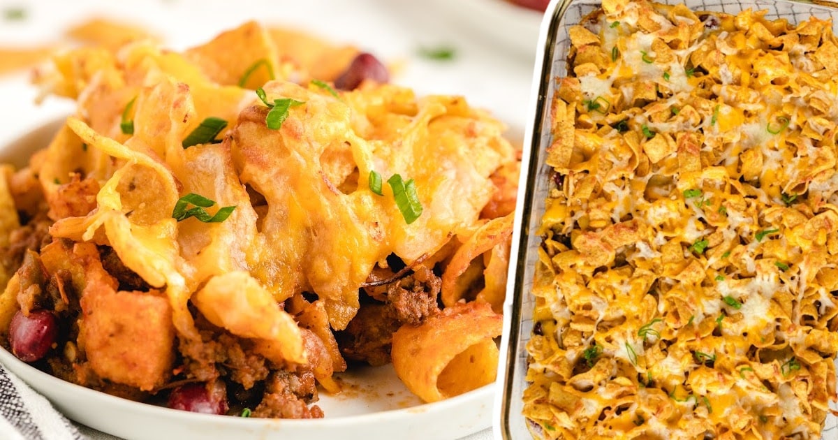 Split image showing a white plate with a hearty serving of Frito pie on one side and a baking dish of the full pie on the other.
