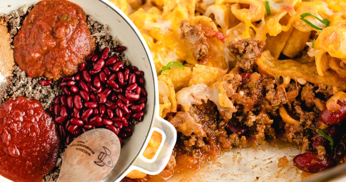 A vibrant top-down image of a skillet filled with ground beef, kidney beans, salsa, and chili sauce ready to mix&mdash;alongside a finished Frito pie in a pan.