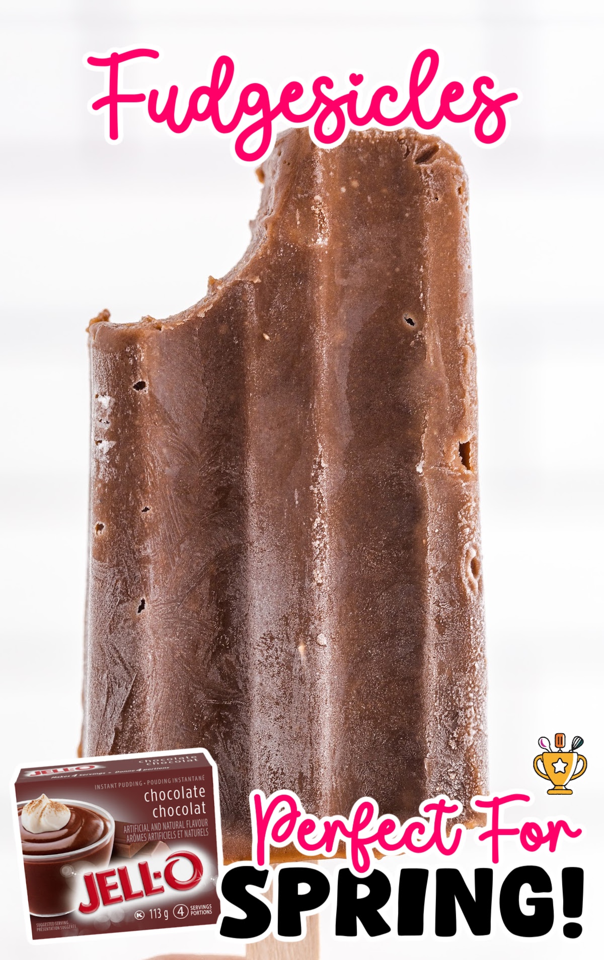Close-up of a fudgesicle with a bite taken out, JELL-O chocolate pudding box, and bright “Perfect for Spring” text overlay.