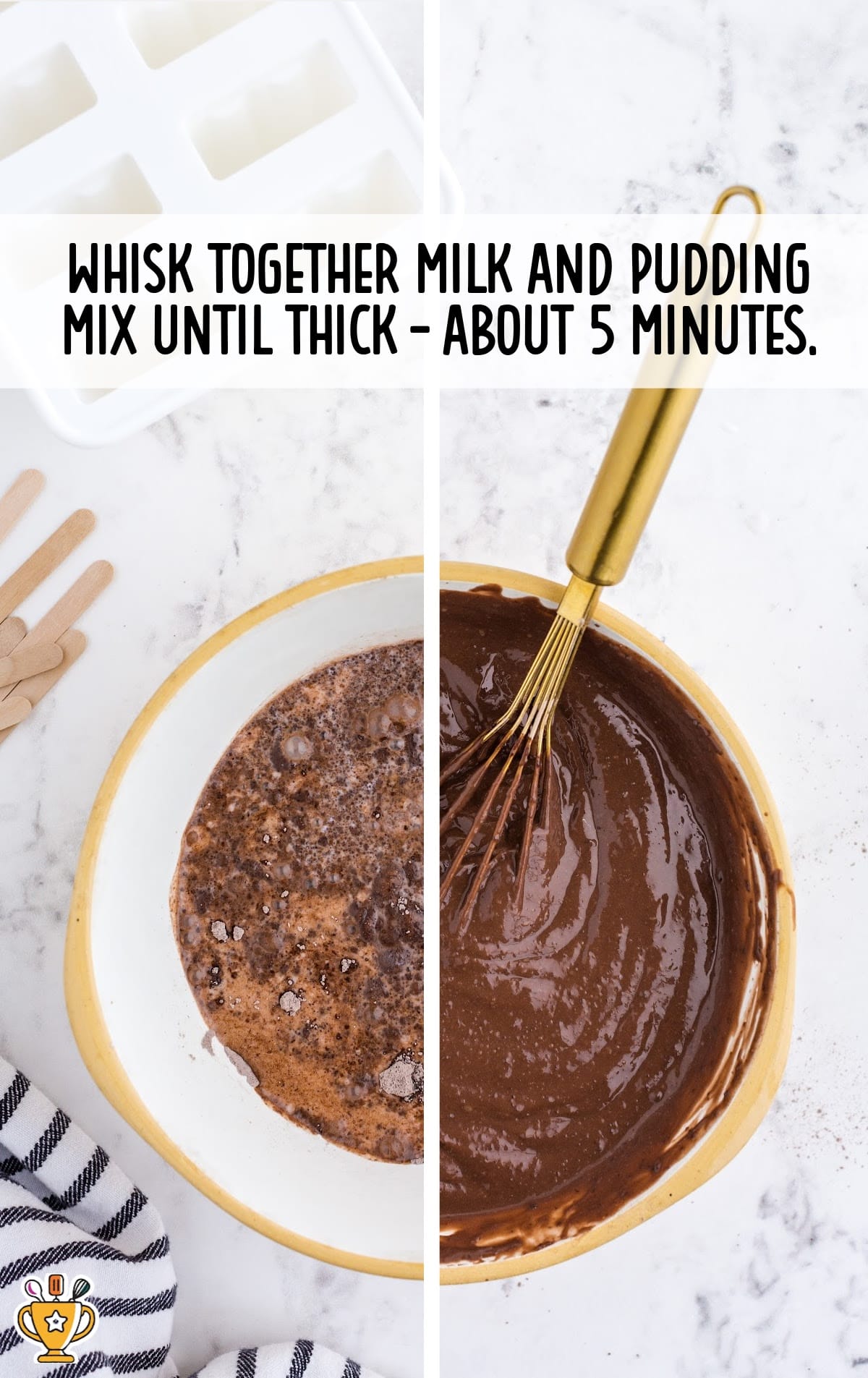 Overhead view showing pudding mix being whisked with milk in a bowl until thick.