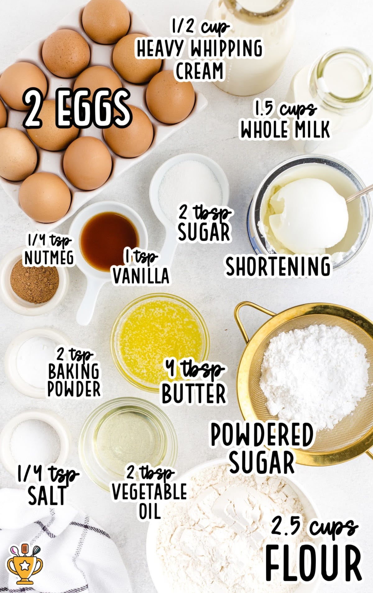 Flat lay of funnel cake bite ingredients including eggs, milk, flour, sugar, vanilla, butter, nutmeg, and baking powder, labeled clearly.