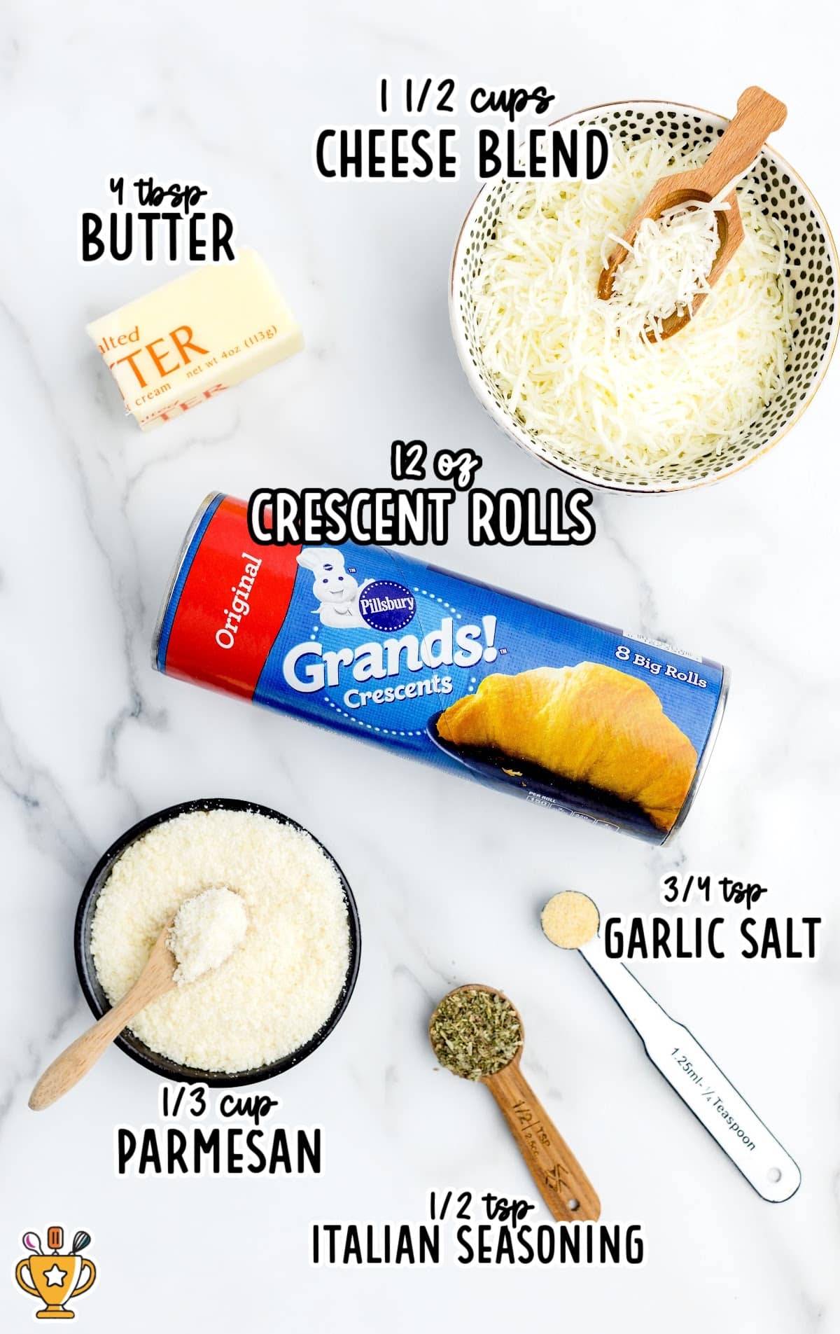 Flat lay of labeled garlic knot ingredients on a white marble counter.