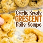Two photos of cheesy garlic knots—one on a wooden board and one being pulled apart, showing melted cheese inside.