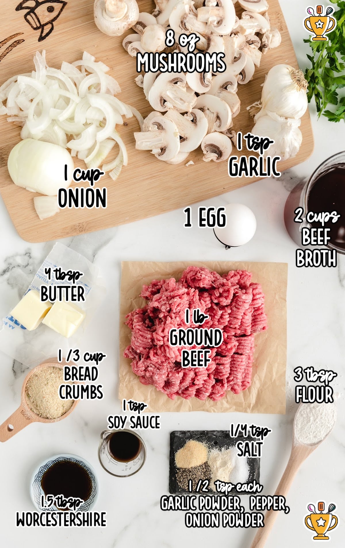 Flat lay of raw hamburger steak ingredients including ground beef, mushrooms, onions, egg, butter, breadcrumbs, and seasonings.