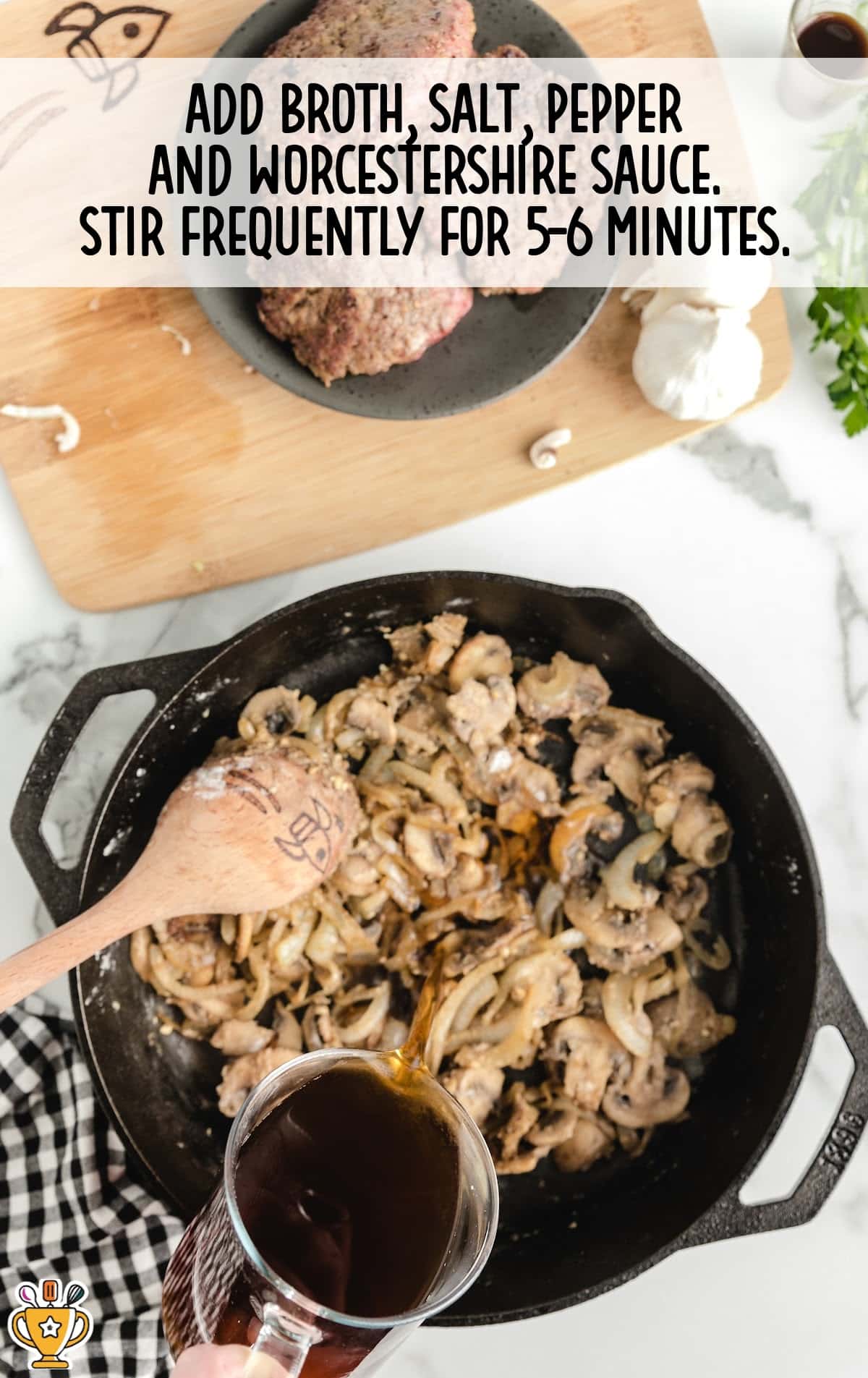Broth being poured into skillet over mushrooms and onions, with added Worcestershire sauce and seasonings.