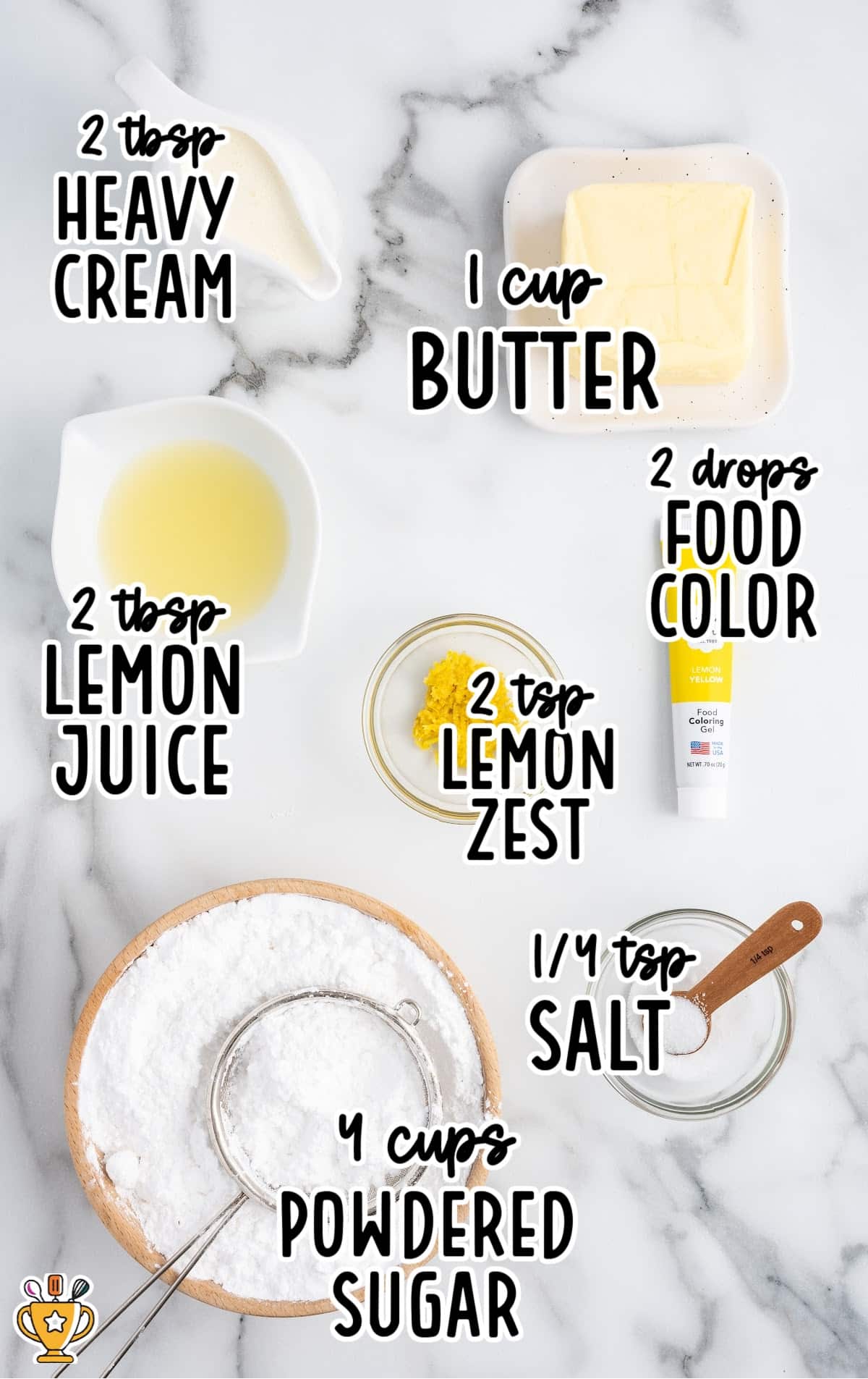 Flat lay of measured lemon buttercream ingredients including butter, powdered sugar, lemon juice, zest, cream, and yellow food coloring.