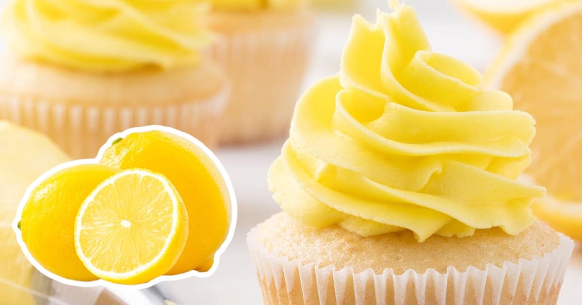 `Cupcake with lemon buttercream frosting and illustrated lemon graphic,