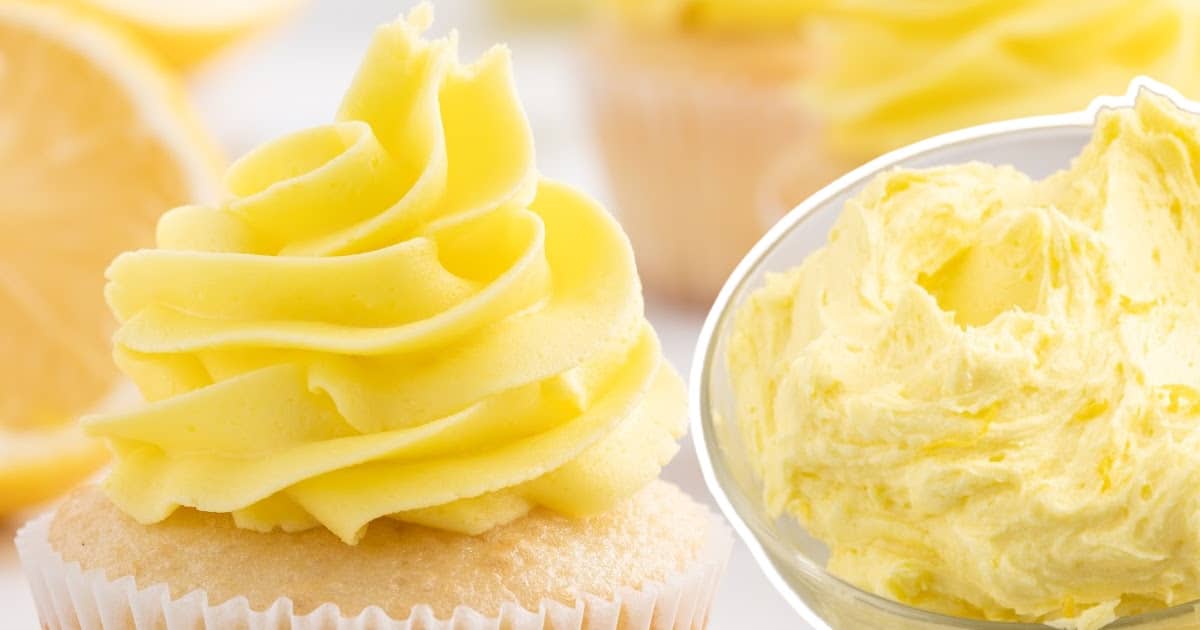 Frosted cupcake with a swirl of lemon buttercream and a bowl of frosting inset to highlight the creamy consistency.