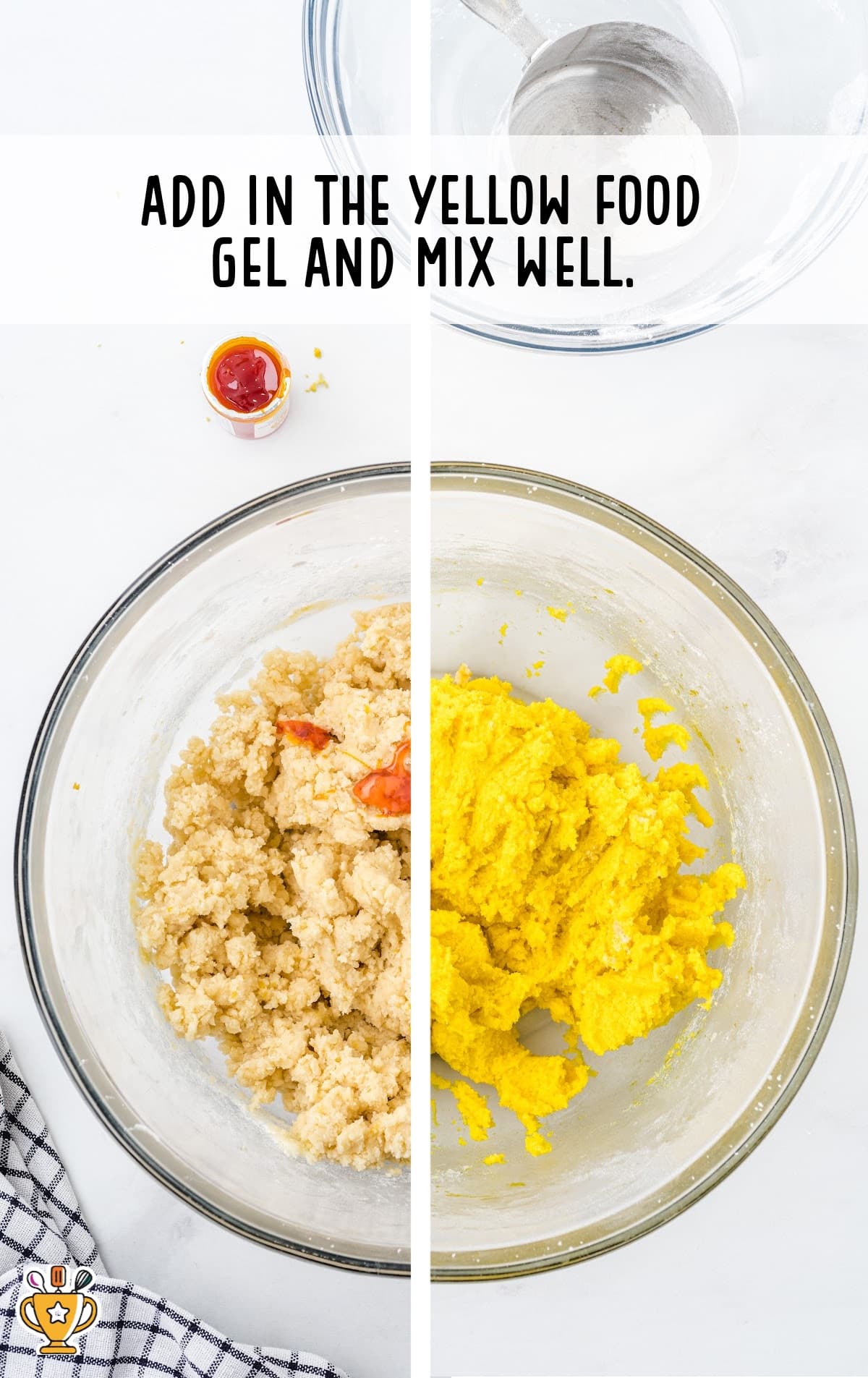 Yellow food coloring being added and mixed into the dough, shown before and after blending to a vibrant yellow.