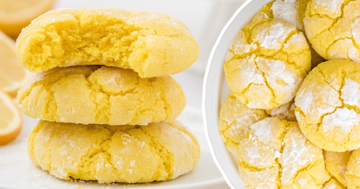 Split image showing a bitten cookie stacked on top of others on the left, and a bowl of whole lemon crinkle cookies on the right.