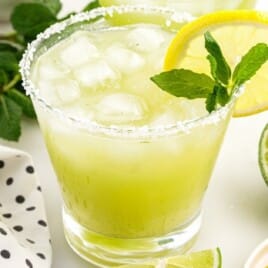 A refreshing mint margarita served in a salt-rimmed glass with ice, garnished with a lemon wheel and mint sprig, surrounded by fresh lime and mint leaves.