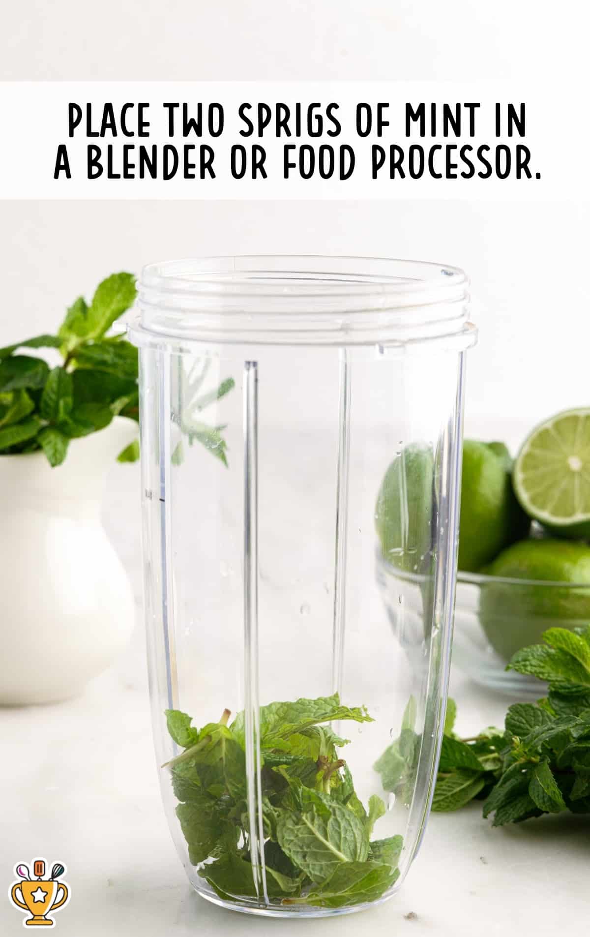 Two sprigs of fresh mint placed in a blender cup on a kitchen counter surrounded by limes and mint leaves.