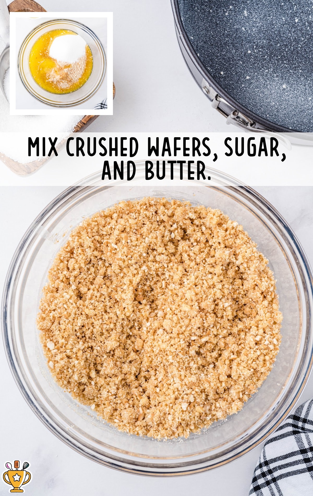 Overhead view of a bowl filled with a crushed vanilla wafer mixture combined with sugar and melted butter, ready to be used as crust.