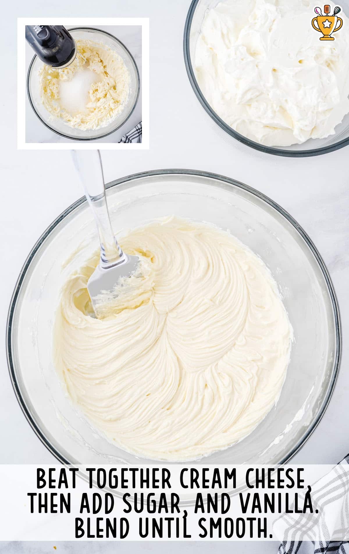 Cream cheese, sugar, and vanilla blended until smooth in a glass mixing bowl, with an electric mixer used in the corner inset.