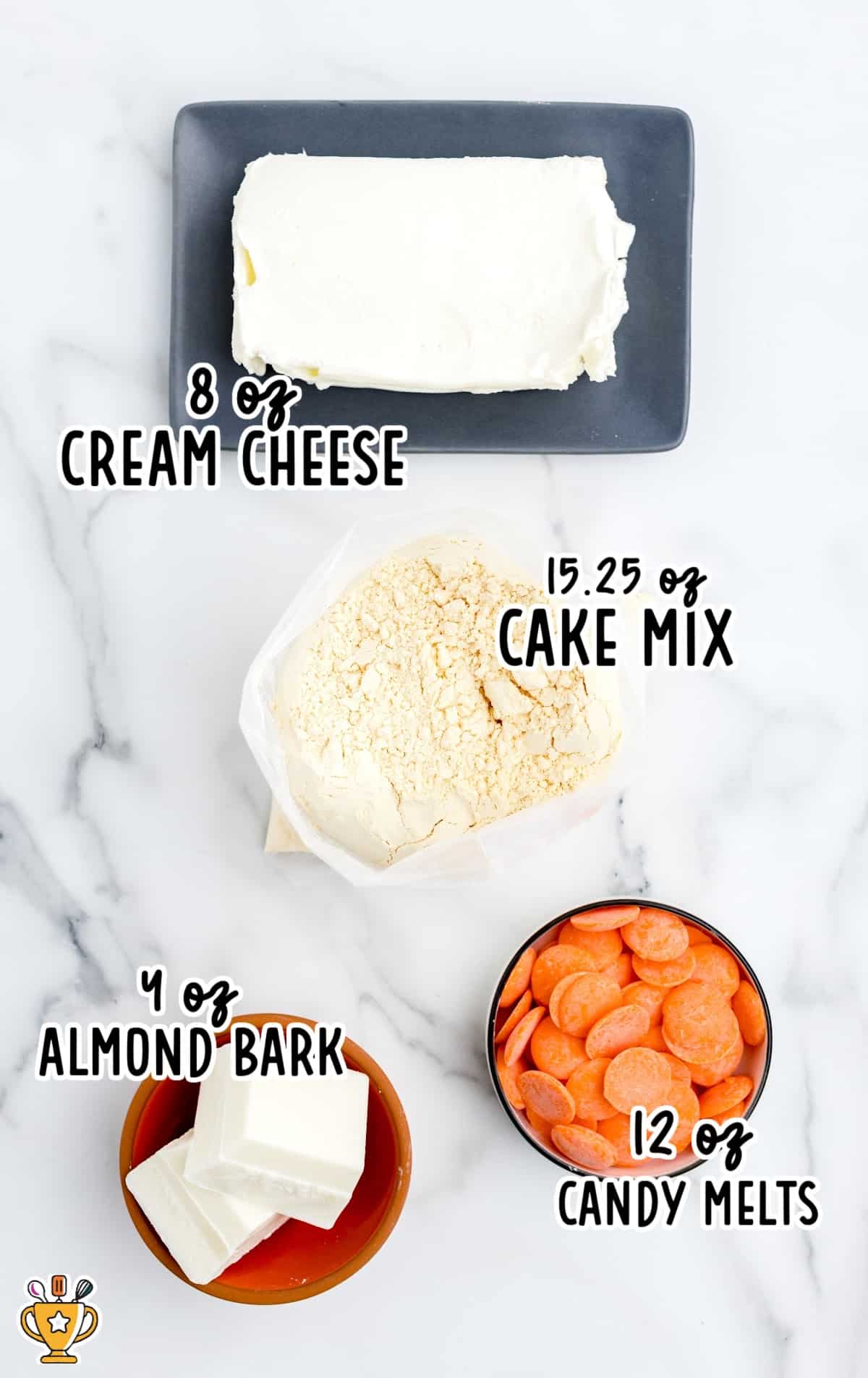 Flat lay of orange truffle ingredients including cream cheese, cake mix, almond bark, and orange candy melts, each labeled.