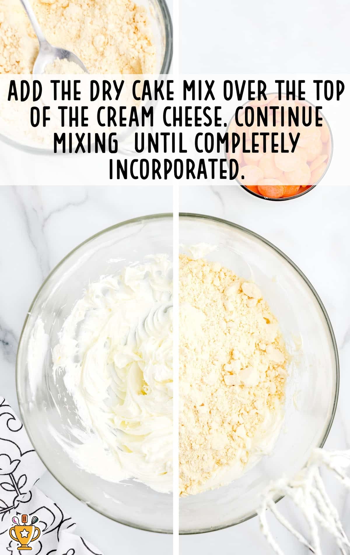 Split image showing cream cheese beaten in a bowl, then topped with dry cake mix. Step text explains mixing until fully incorporated.