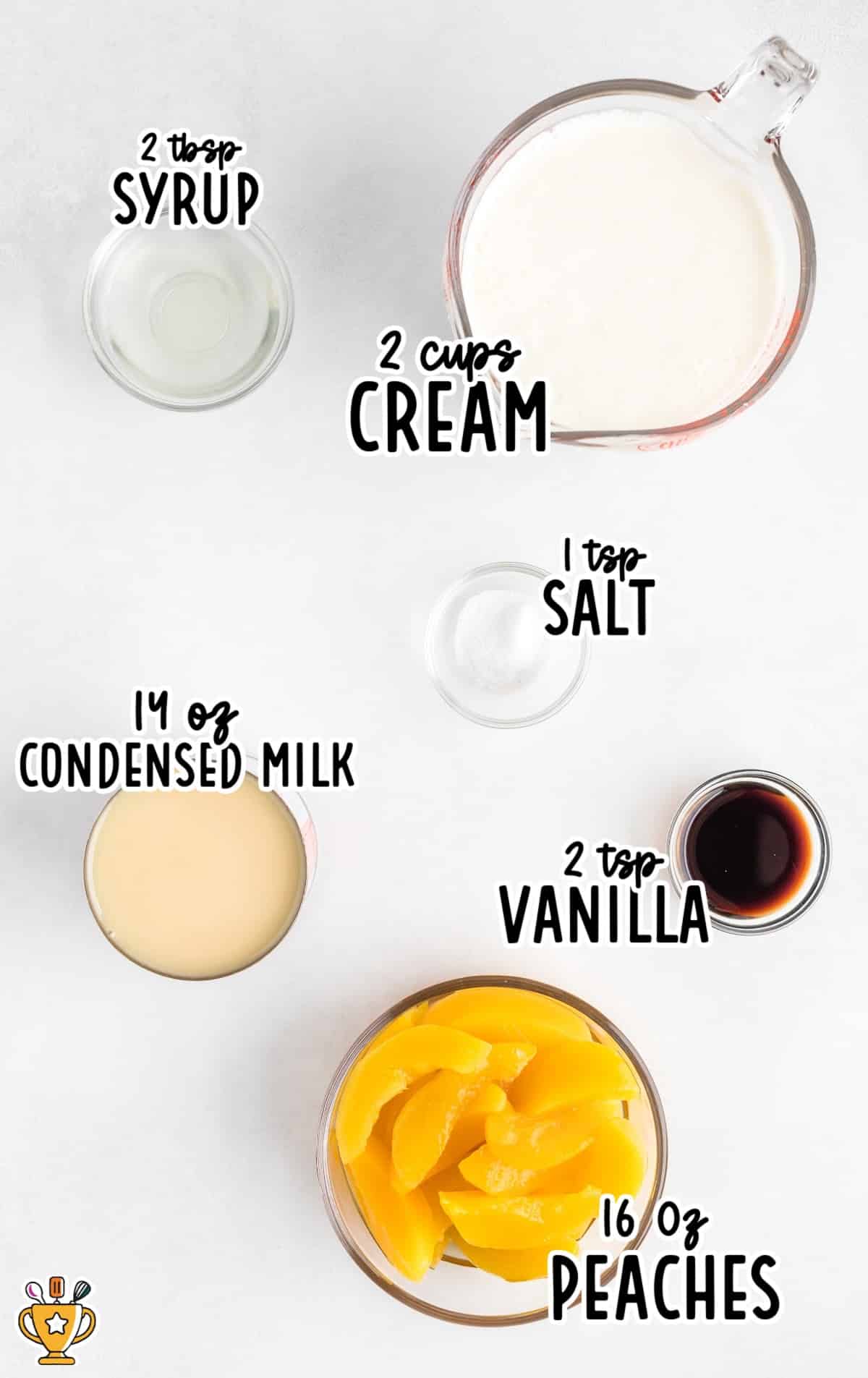 Flat lay of labeled peach ice cream ingredients like condensed milk, vanilla, peaches, cream, salt, and syrup.