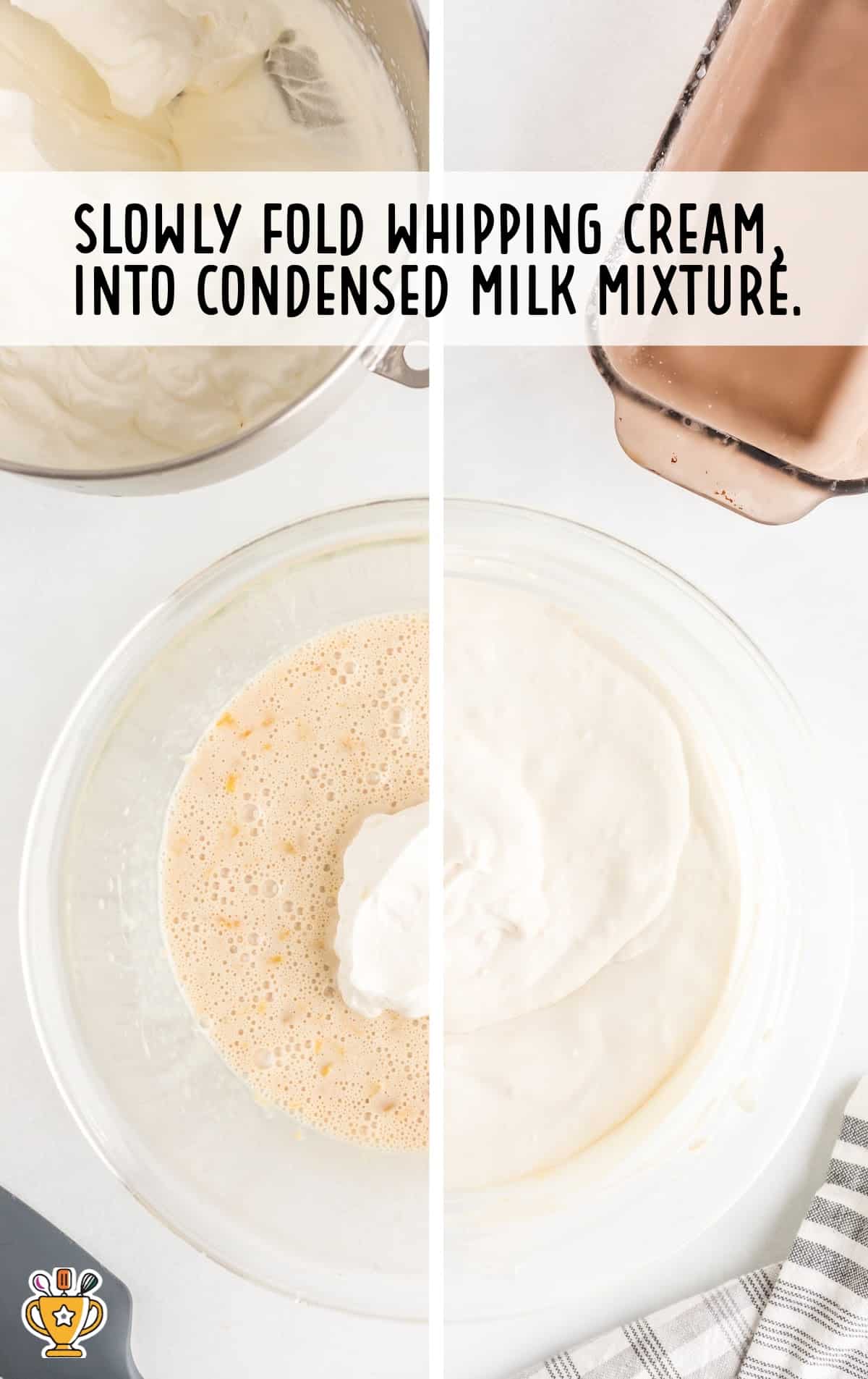 Split image of a mixing bowl containing peach and condensed milk mixture on the left and that mixture with whipped cream folded in on the right. Shows the gradual mixing process.