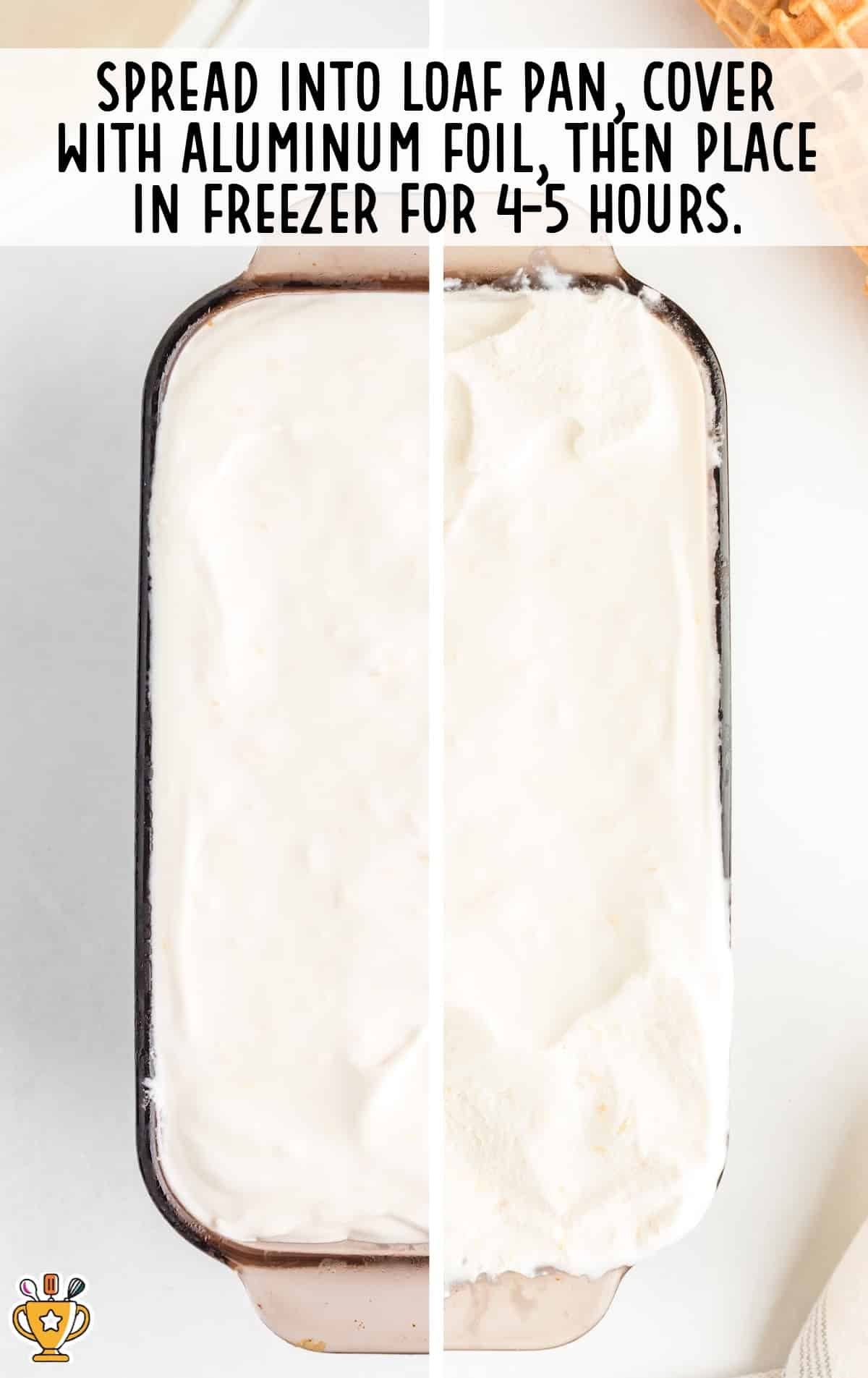 Top-down view of a loaf pan filled with smooth peach ice cream mixture. The image is split to show the before and after freezing. Text instructs to cover with foil and freeze for 4–5 hours.