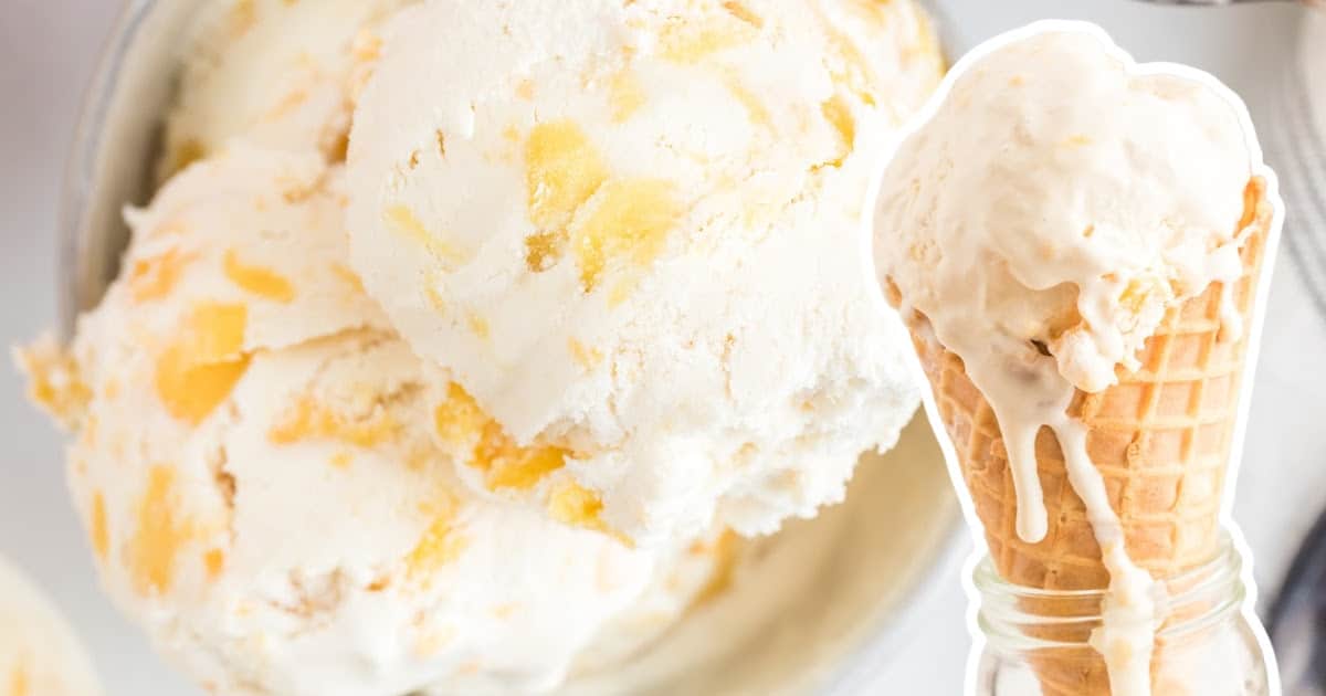 Overhead close-up of peach ice cream scoops with creamy peach chunks and waffle cone overlay.