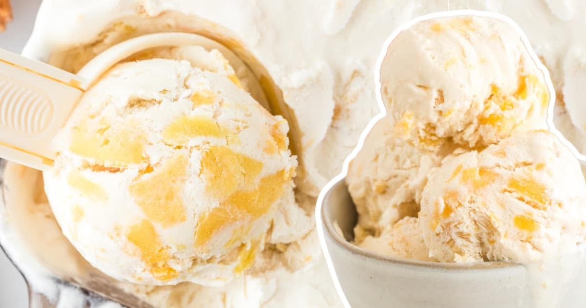 Ice cream scoop filled with creamy peach ice cream above a metal loaf pan filled with more ice cream.