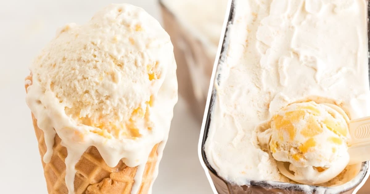 Dripping cone of peach ice cream next to a metal loaf pan filled with peach ice cream, half scooped.