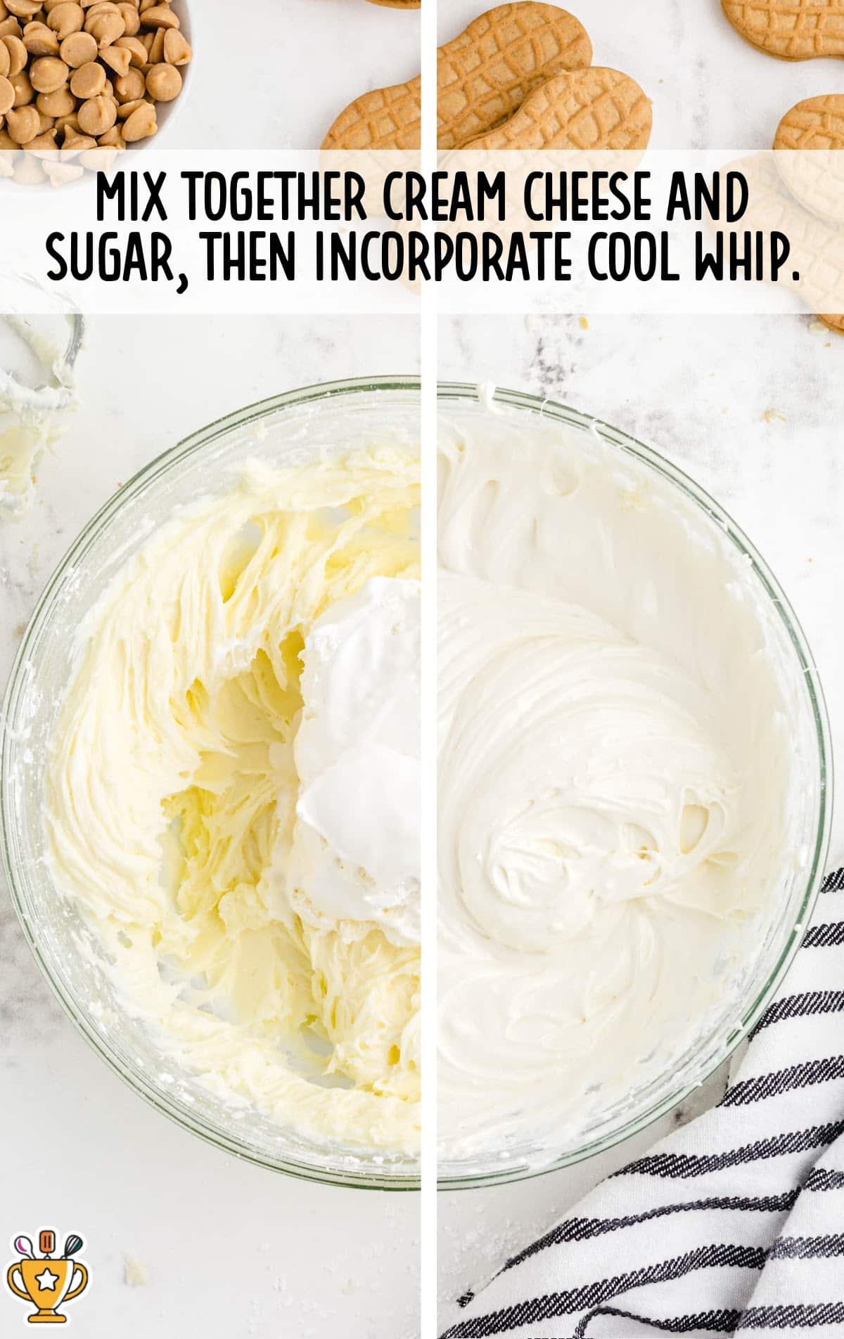 Side-by-side bowls showing cream cheese and sugar mixture before and after whipped topping is mixed in.