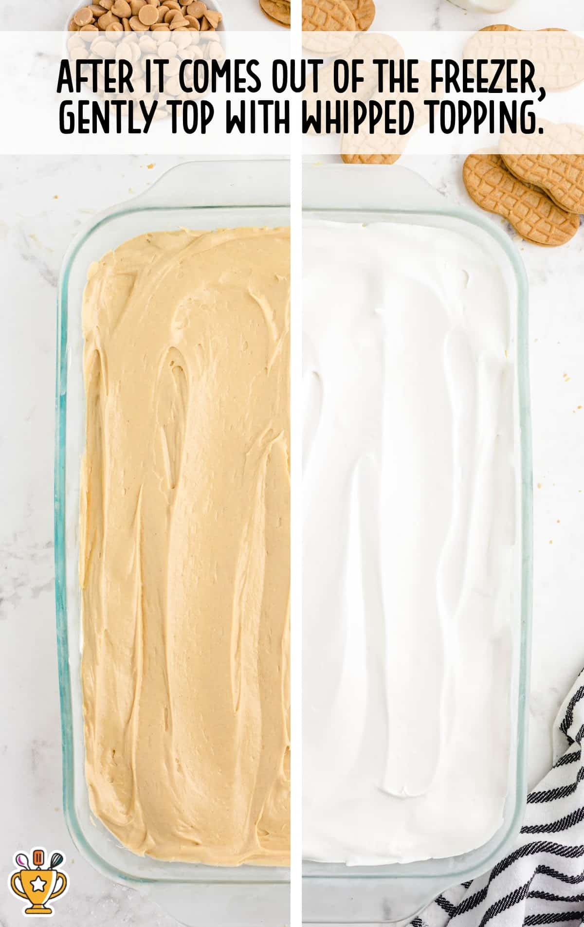 Side-by-side image of a baking dish showing peanut butter filling spread evenly on one side and whipped topping added on the other side.