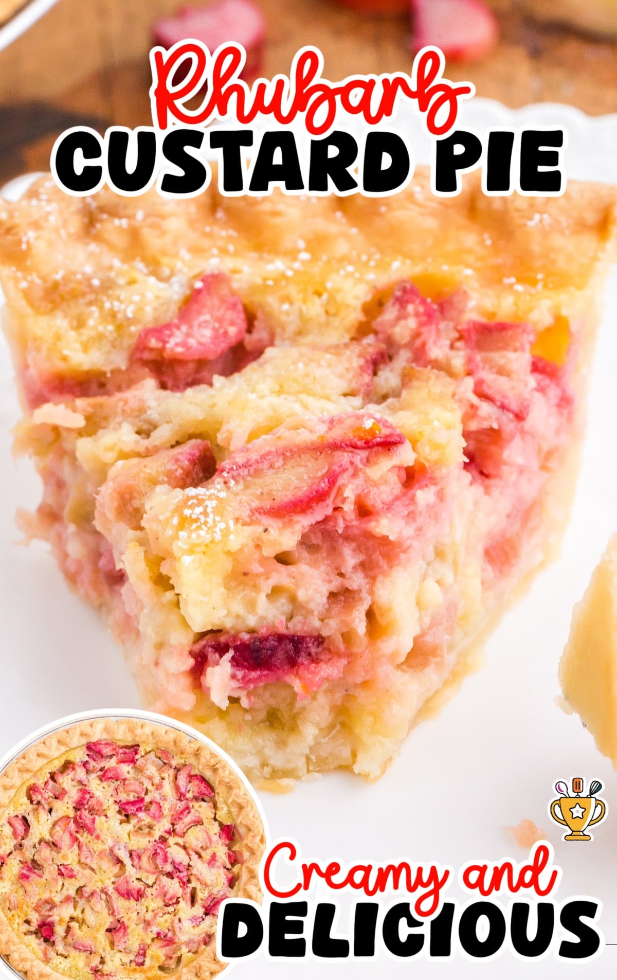 A close-up slice of rhubarb custard pie showing creamy filling with vibrant pink rhubarb pieces and golden flaky crust.