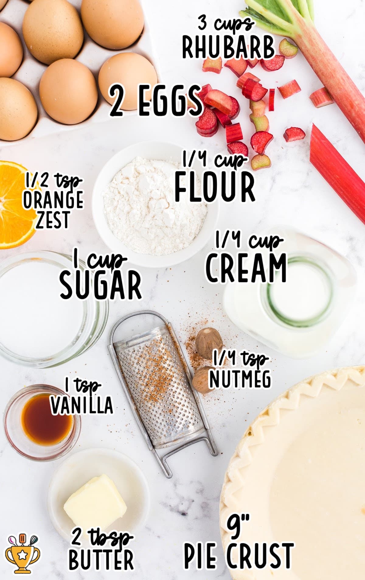 Overhead shot of rhubarb custard pie ingredients labeled with text, including rhubarb, sugar, eggs, cream, butter, and spices.