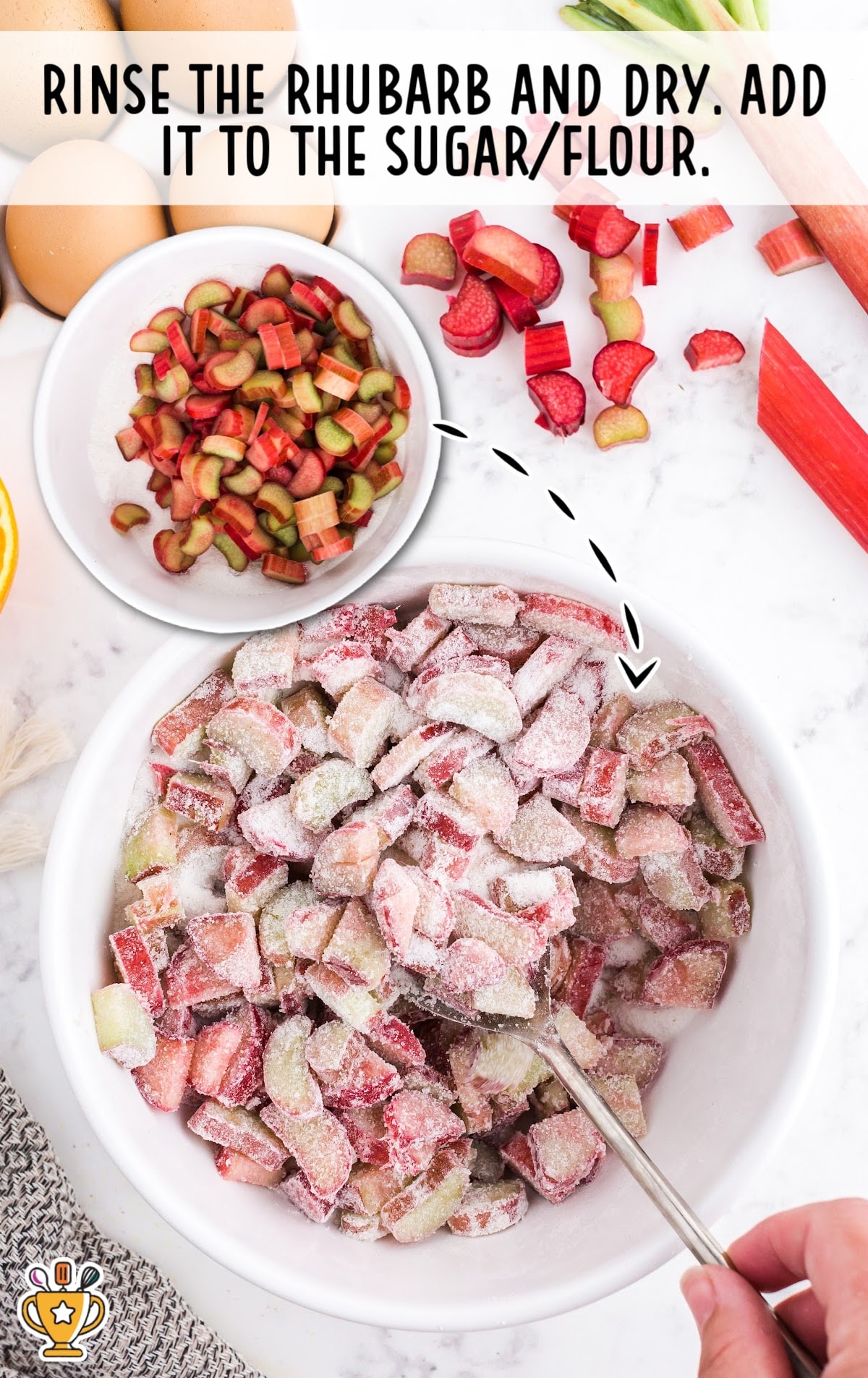 Bowl of chopped rhubarb coated in sugar and flour with fresh rhubarb and eggs scattered around on a white countertop.