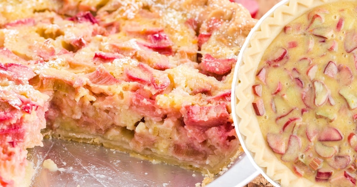 Close-up view of a baked rhubarb custard pie with a slice removed, revealing the creamy pink and yellow custard filling.