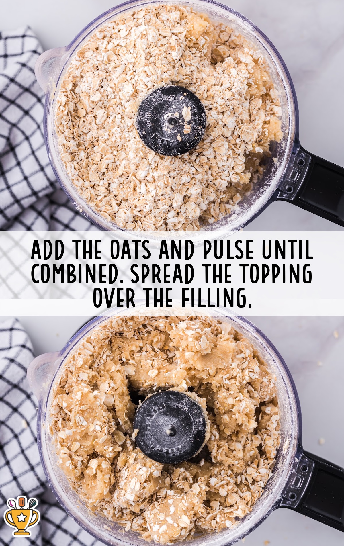 Two-image layout of oats added to dough in the food processor; second image shows fully combined topping mixture ready for baking.