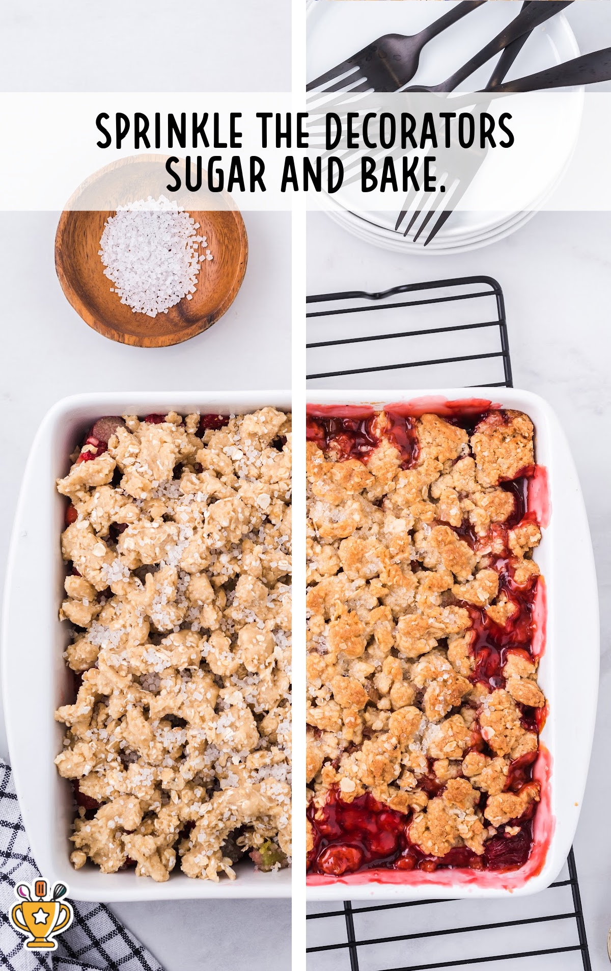 Side-by-side photos of the dessert before and after baking, topped with decorator's sugar and golden brown oat topping.