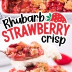 Close-up of a baked rhubarb strawberry crisp in a dish with a spoon, and a serving topped with vanilla ice cream in the background.