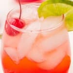 Vertical image of Shirley Temple drink with bold text highlighting it as a fun non-alcoholic mocktail for kids, featuring Canada Dry ginger ale.
