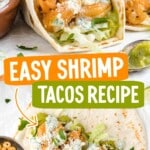 Shrimp tacos shown with bold overlay text: “Easy Shrimp Tacos Recipe – Ready in 20 mins!” featuring shrimp and sauce bowls.