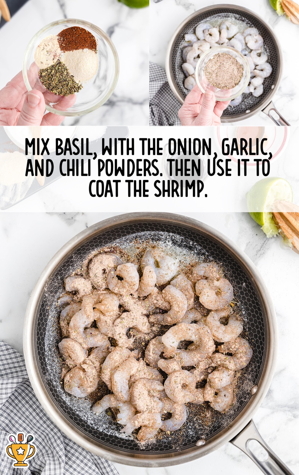 Overhead collage showing seasonings in a small bowl and shrimp in a pan being coated with spices, with instruction text about mixing and seasoning.
