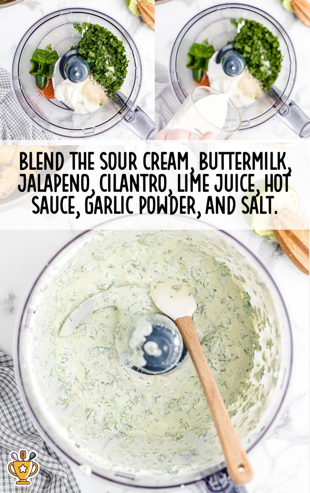 Food processor filled with blended sauce ingredients including jalapeños, cilantro, and sour cream, shown before and after blending into a creamy green dressing.