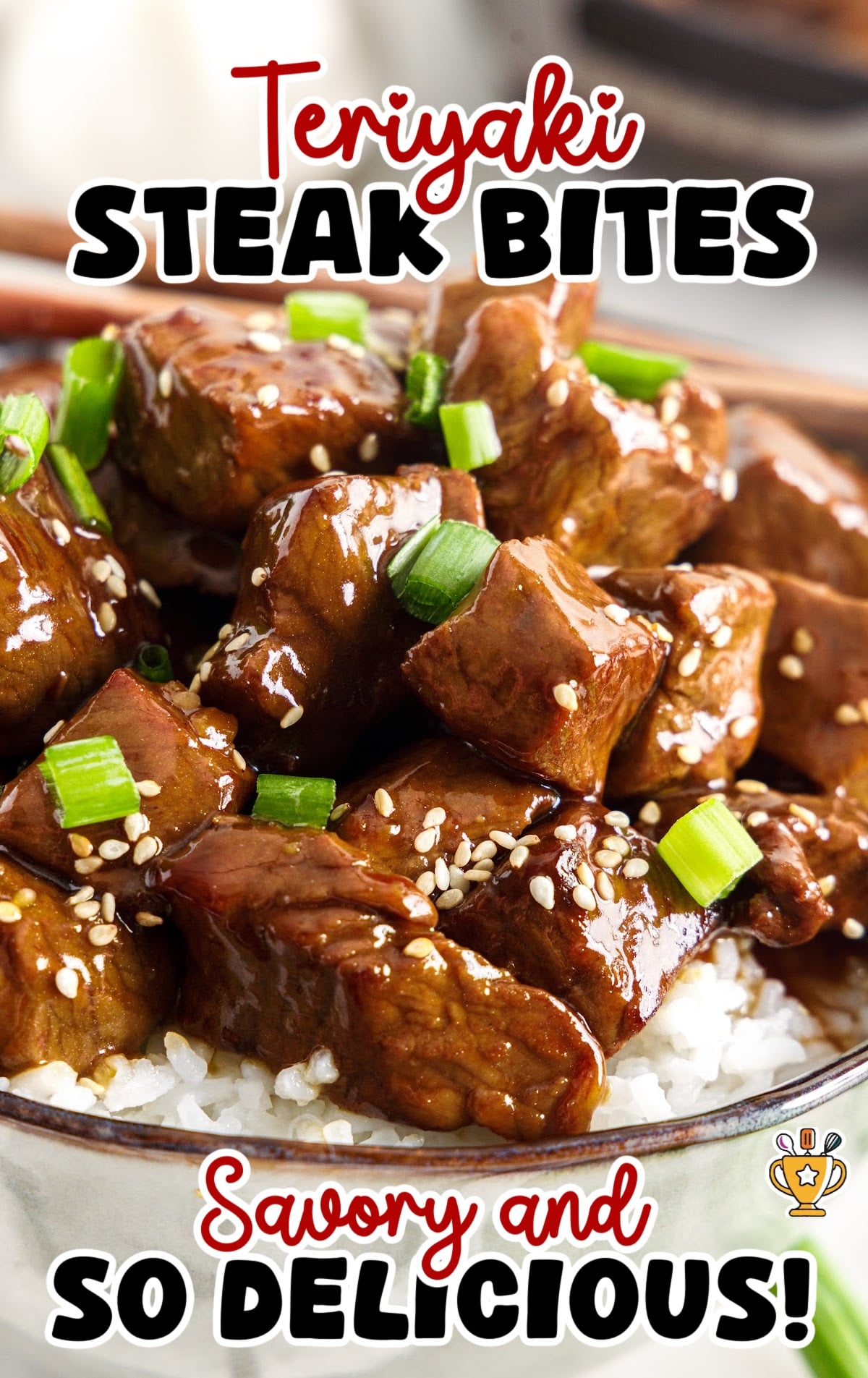 Teriyaki steak bites over white rice with green onions and sesame seeds, labeled &ldquo;Savory and So Delicious!&rdquo;