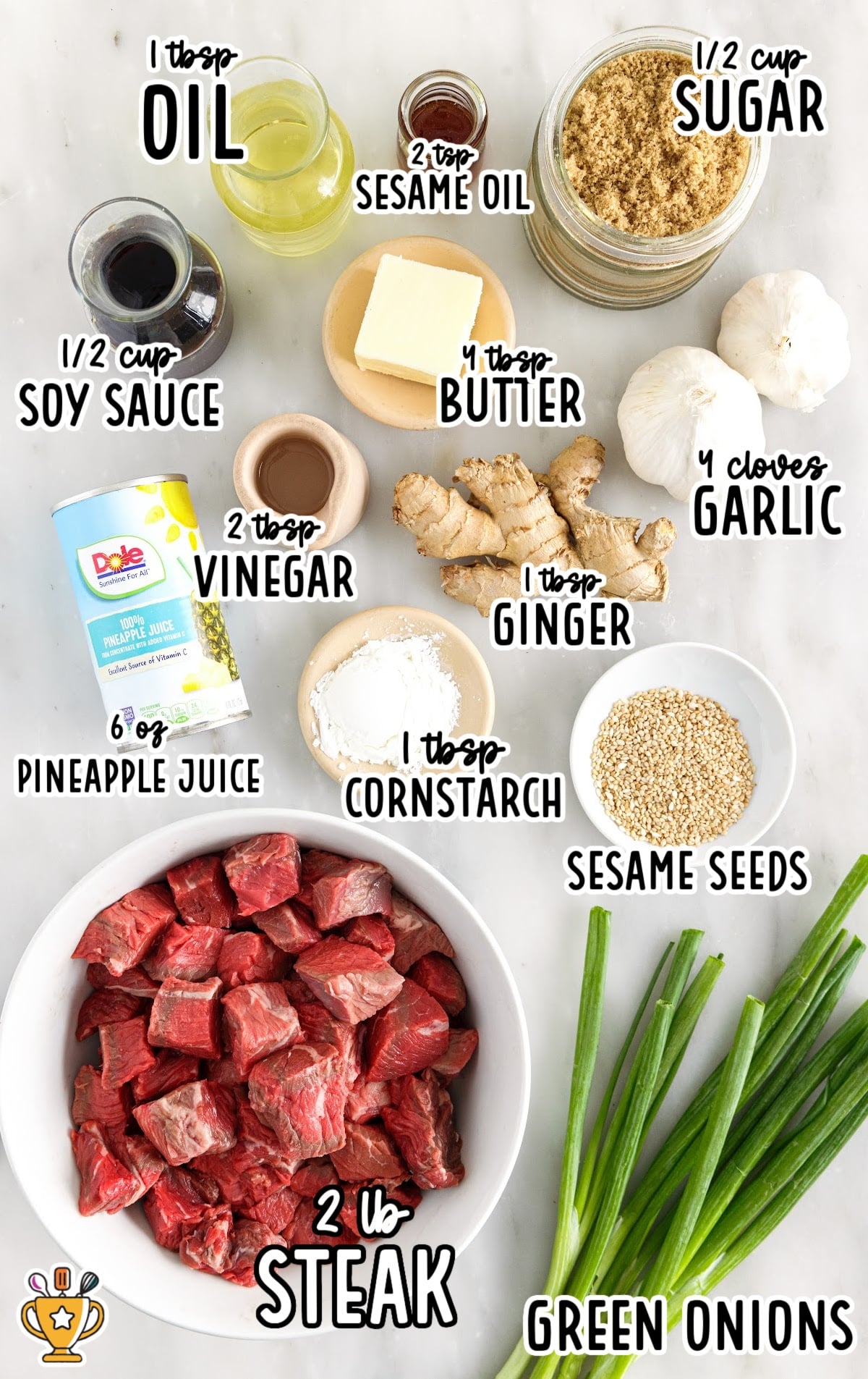 Labeled flat lay of teriyaki steak bite ingredients including steak, soy sauce, garlic, ginger, and sesame seeds.